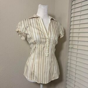Zara Basic white and cream striped blouse with button-up front and short sleeves